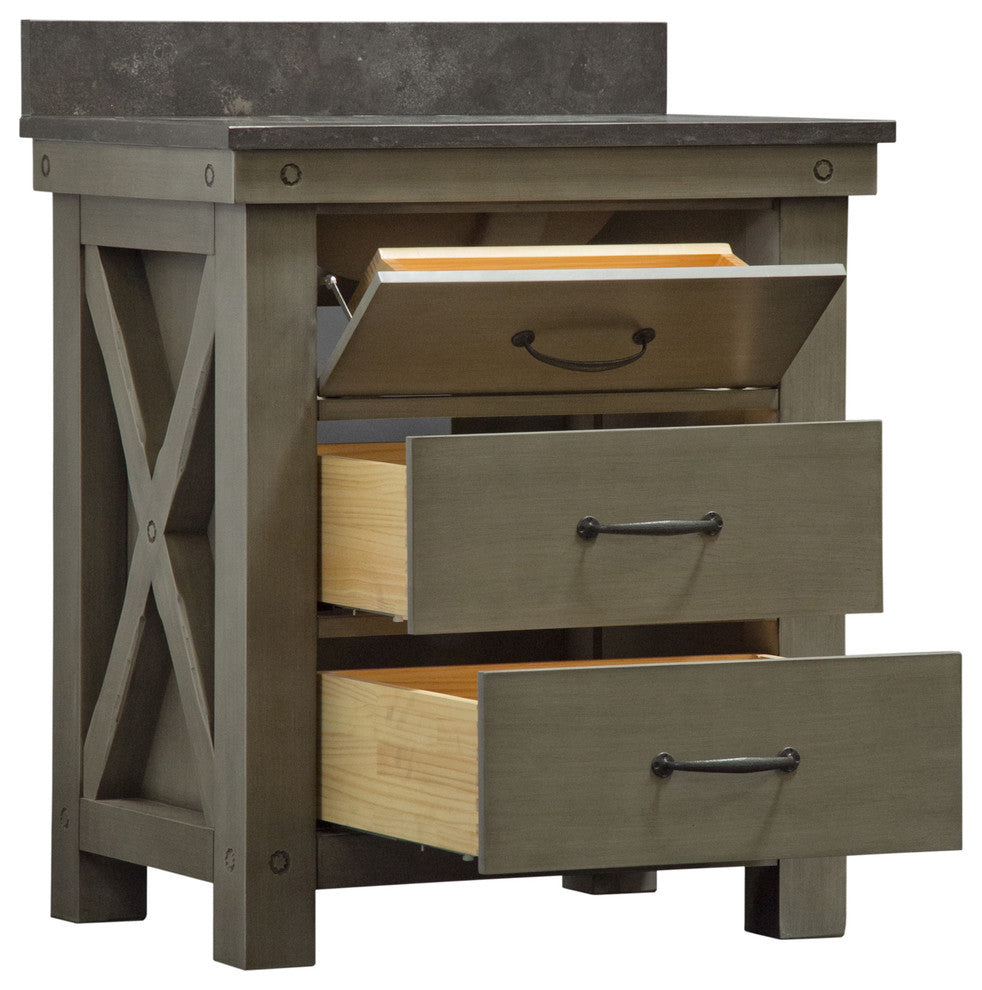 30" Grizzle Gray Single Sink Bathroom Vanity, Blue Limestone Counter Top, Faucet