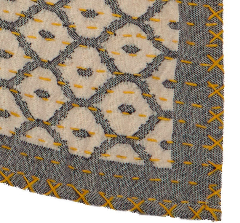 Artisan Hand Loomed Cotton Table Runner, Gray With Yellow Stitching, 18"x96"