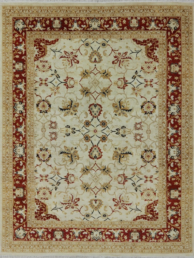 Ivory And Red Chobi Peshawar Rug 8'x10', P2585