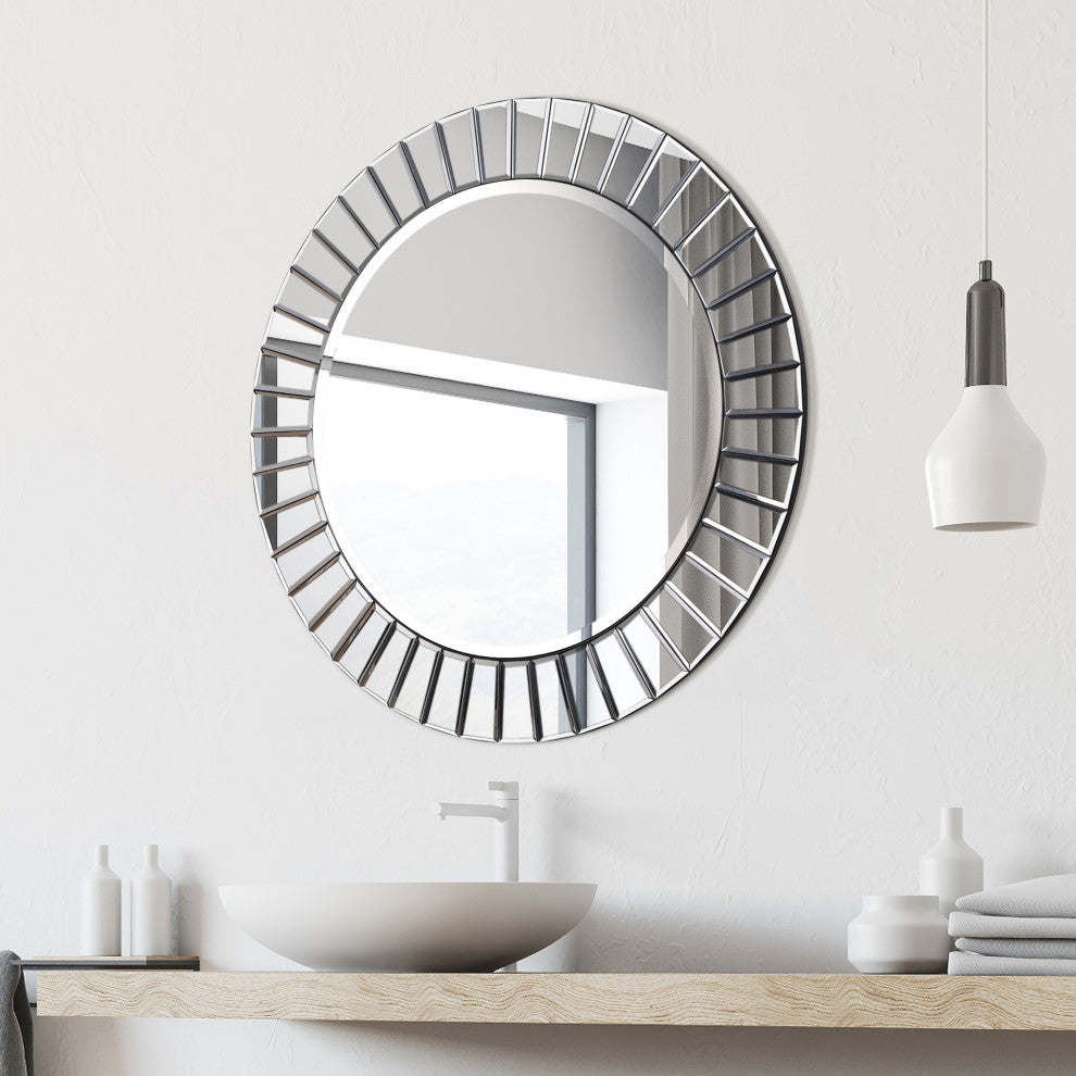 Beveled Round Wall Mirror,Solid Wood Frame, 0.75"-Beveled Center Mirror,32"x32"
