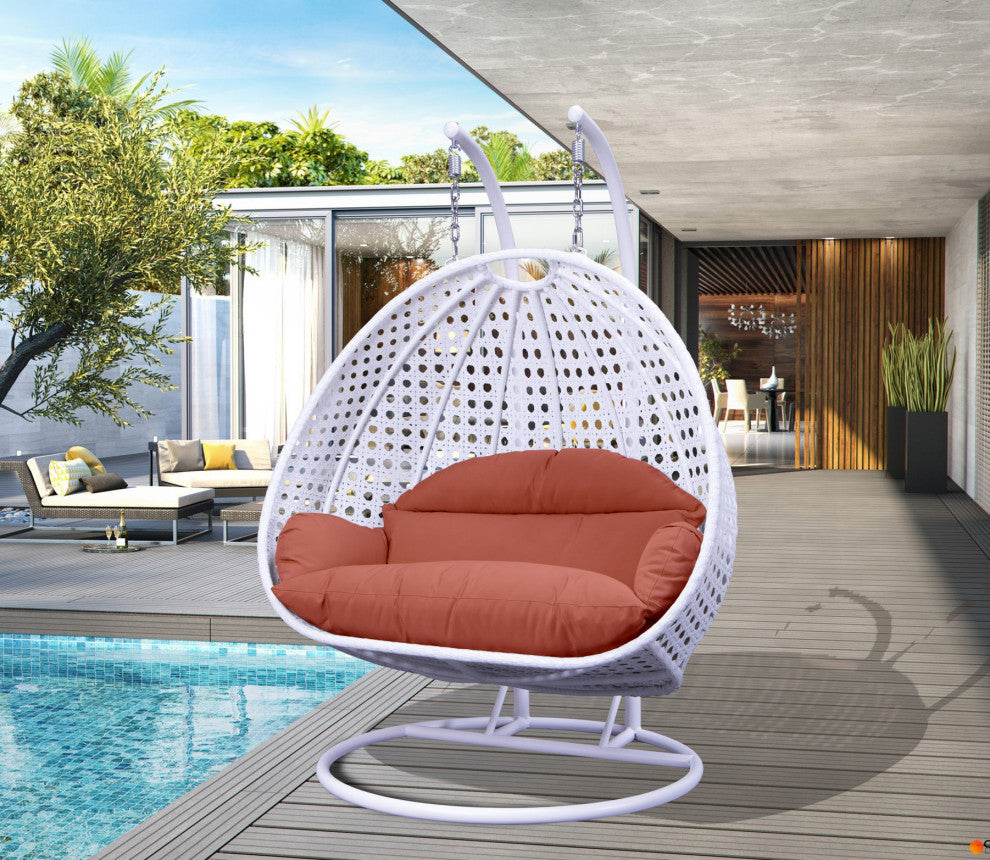 2 Person White Wicker Double Hanging Egg Swing Chair, Dark Orange