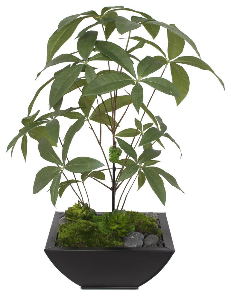 Artificial Chinese Money Tree with Succulents in Black Zinc Pot