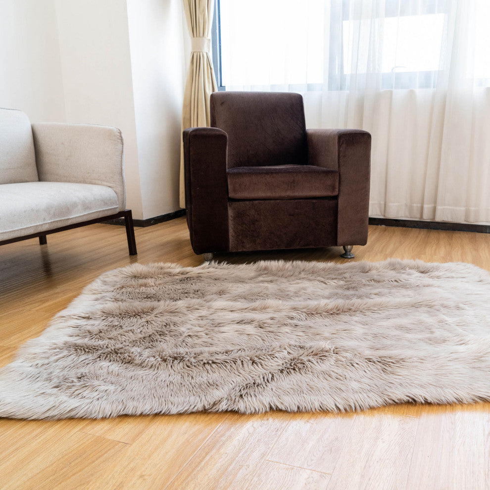 Plush and Soft Faux Sheepskin Fur Shag Area Rug, Light Brown, 6' X 9'