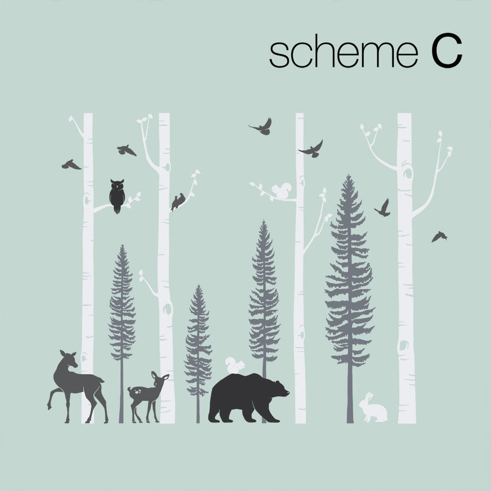Birch Trees With Animals Wall Decal, Scheme C, 120" Tall Trees