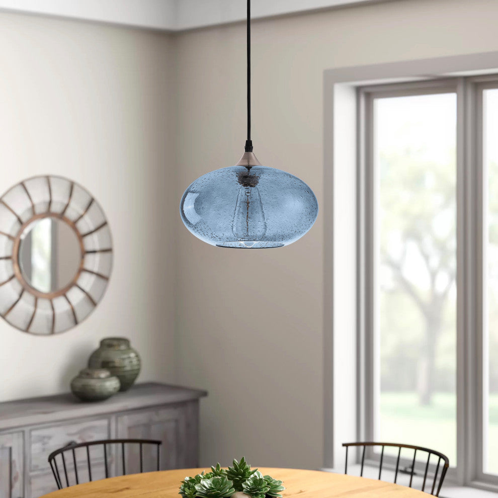 Modern 1-Light Blue Bubble Glass Design Brushed Nickel Pendant Light