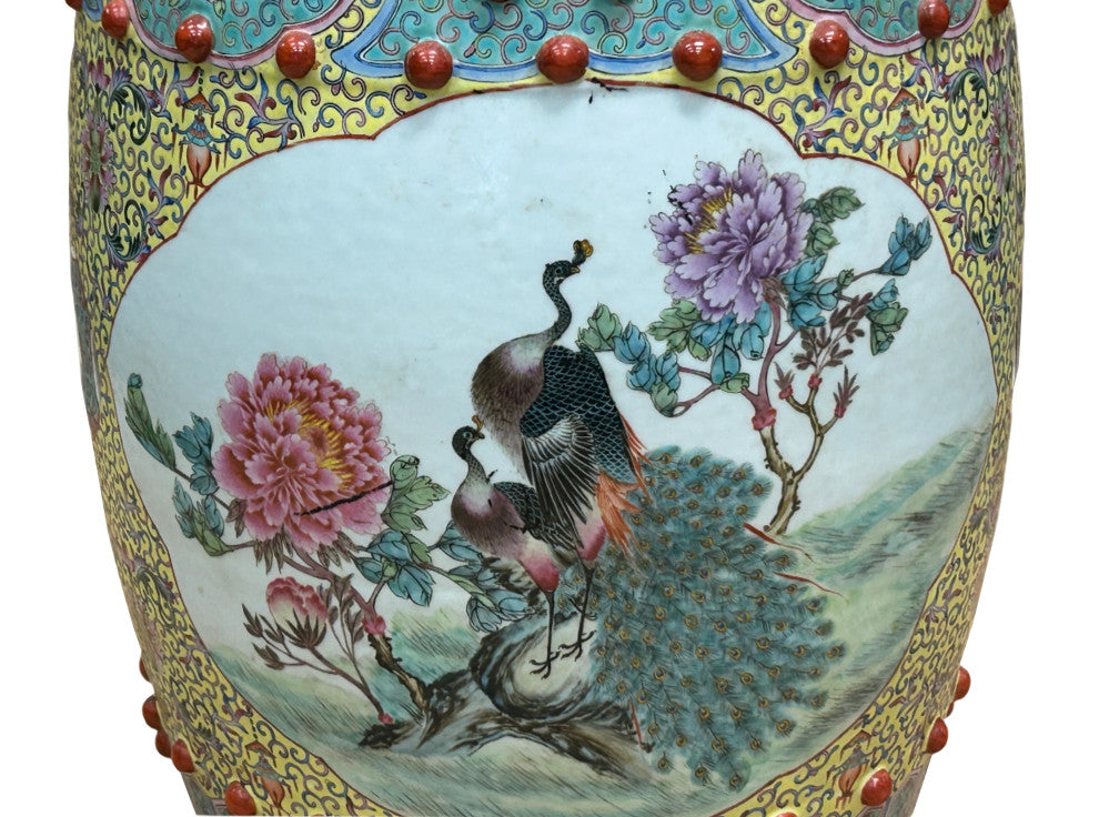 Vintage Famille Rose Yellow Base Peacocks Peony Porcelain Round Stool Hws4350