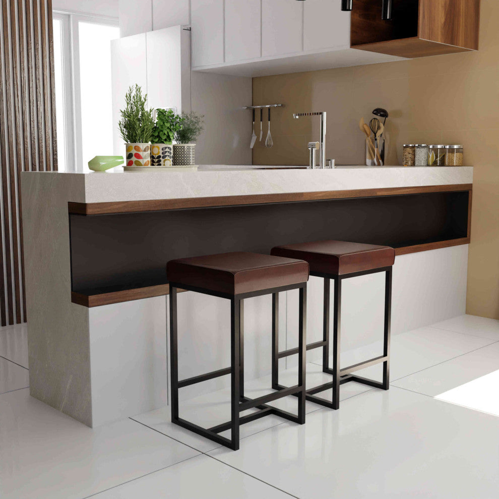 Bare Decor Cognac Backless Counter Stool, Genuine 100% Leather, Brown