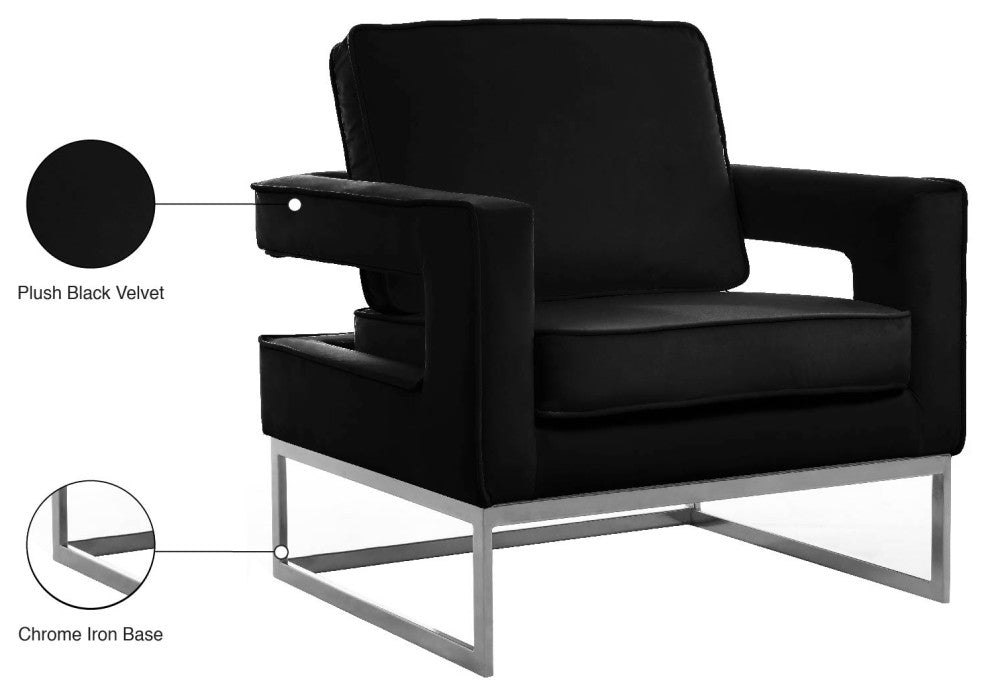 Noah Velvet Upholstered Accent Chair, Black, Chrome Base