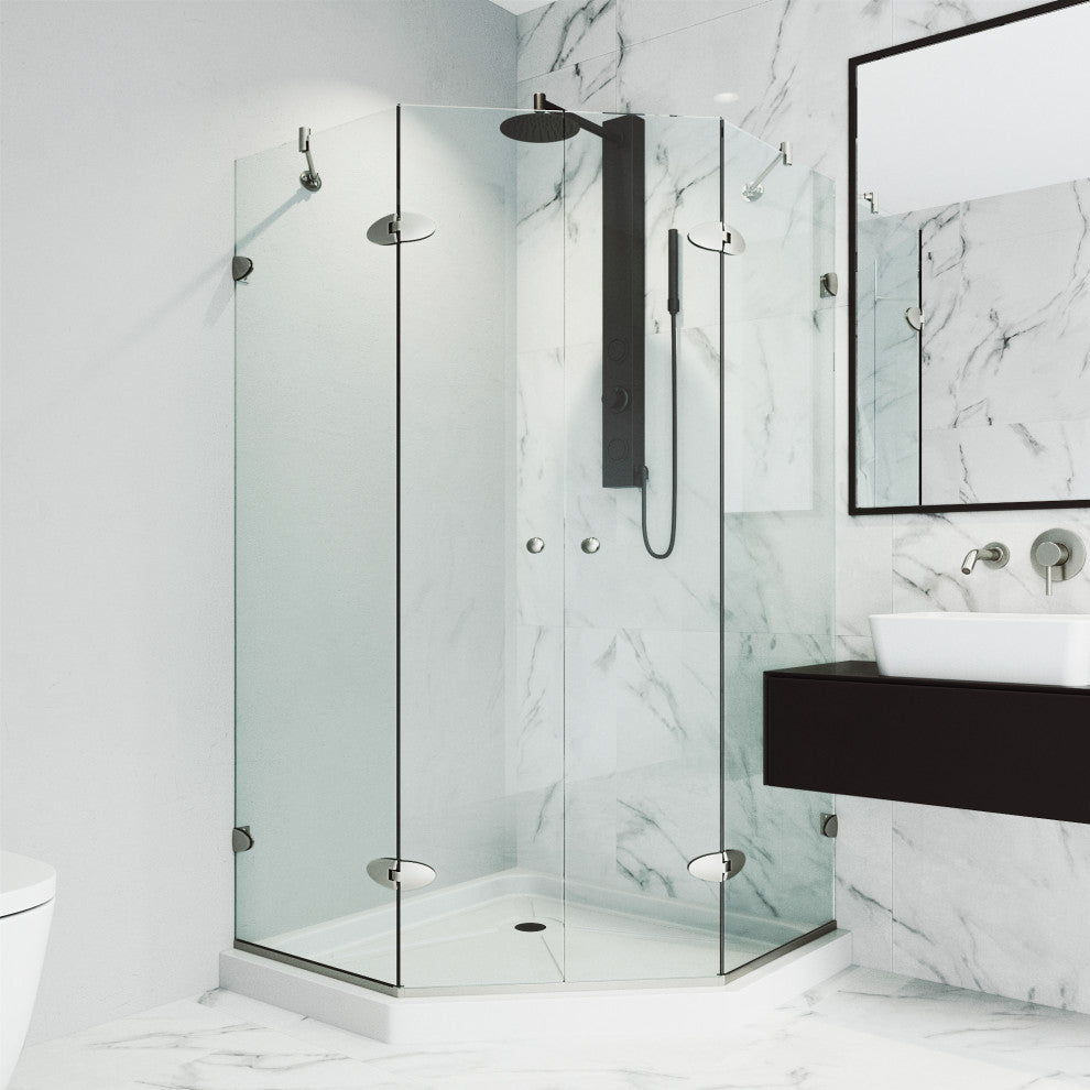 VIGO Gemini Frameless Hinged Neo-Angle Shower Enclosure, Brushed Nickel, 48" D X 47" W, Low Base