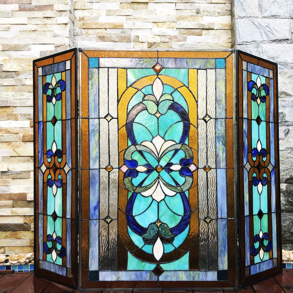 PALACE Tiffany-Style 3-Piece Folding Victorian Glass Fireplace Screen, 40"