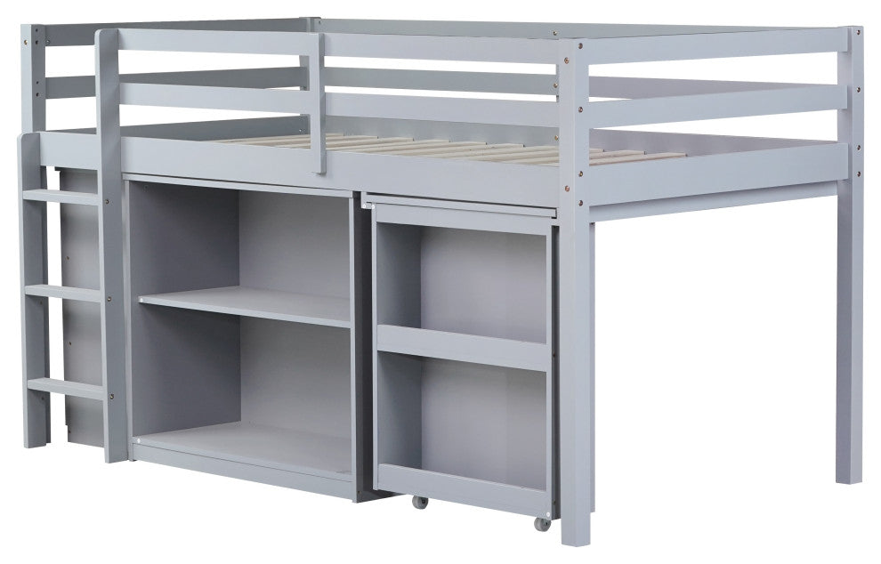 GDF Studio Wood Twin Loft Bed With Flexible Storage & Safety Guardrail, Gray