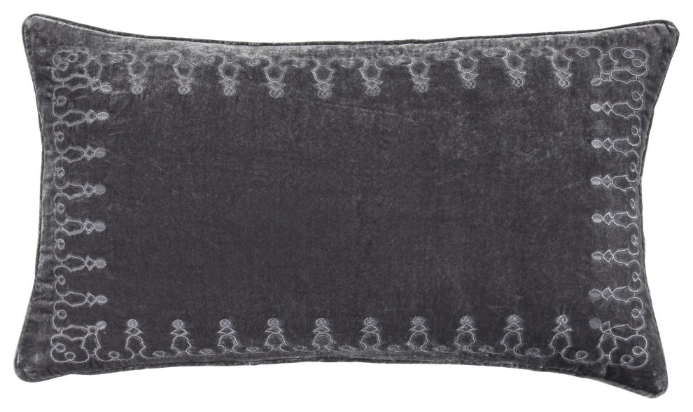 Stella Faux Silk Velvet Embroidered Lumbar Pillow, 14"x24", Slate