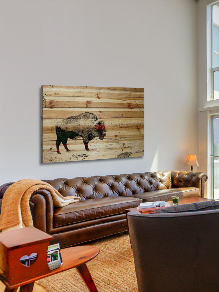 "Lost Buffalo" Painting Print on Natural Pine Wood, 45"x30"