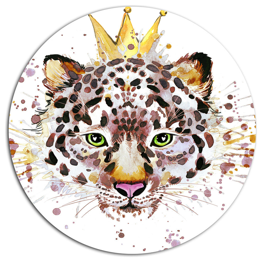 Leopard Head With Golden Crown, Animal Art Disc Metal Wall Art, 23"