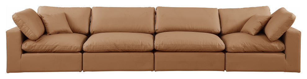 Comfy Upholstered Modular Sofa, Cognac, 4-Piece: 2 Armless Chair, 2 Corner Chair, Vegan Leather