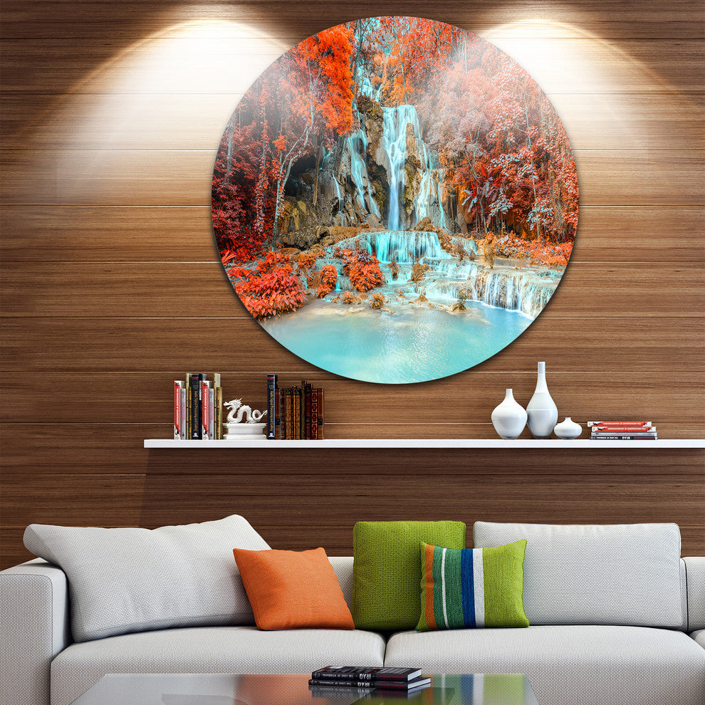 Rainforest Waterfall Loas, Landscape Photo Round Wall Art, 36"