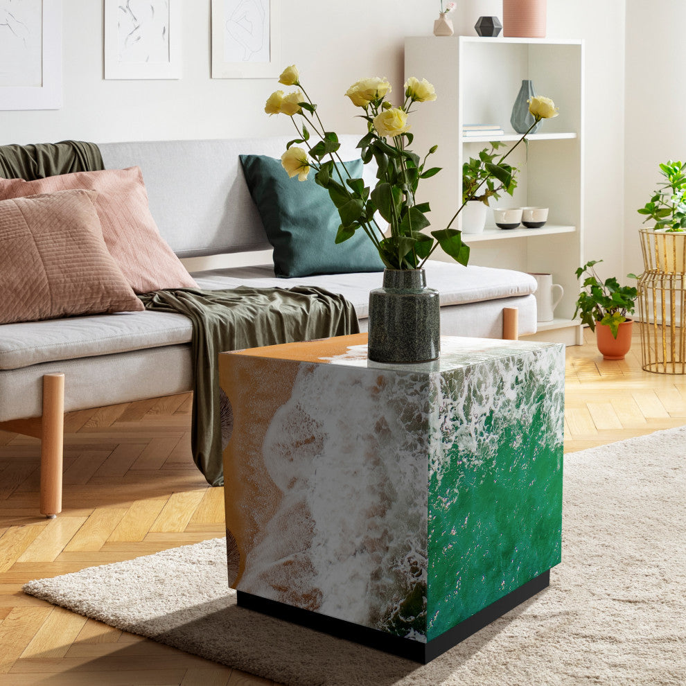 "Beach Bliss II" Reverse Printed Beveled Glass Side Table with Black Plinth Base