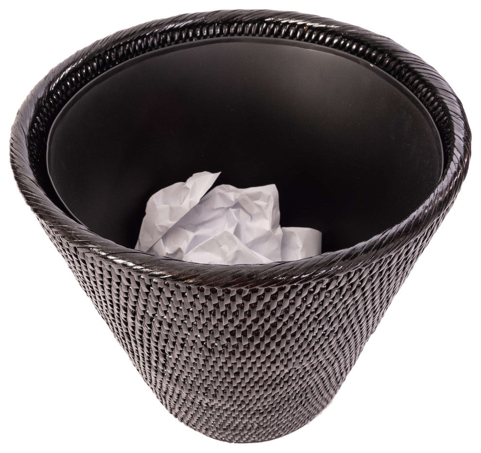 Artifacts Rattan Round Tapered Waste Basket With Metal Liner, Tudor Black