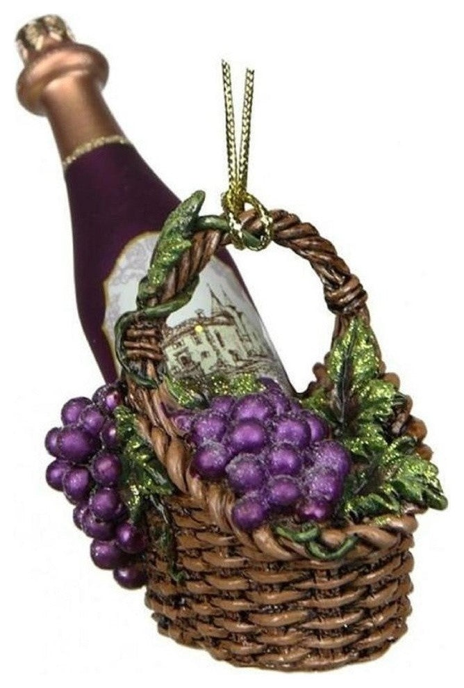4.5" Tuscan Winery Glass Wine Bottle in Basket Christmas Ornament, Purple