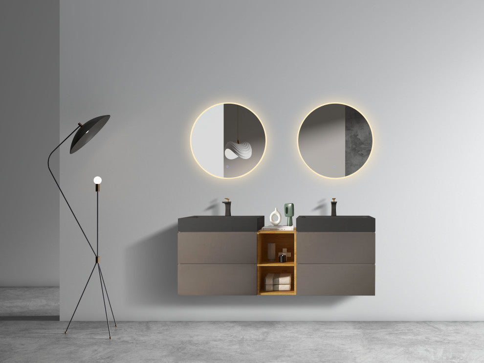 Wall-Mounted Bathroom Vanity with Double Sinks and Open Shelf, Light Gray, 60"