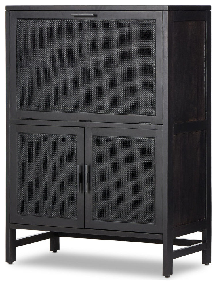 Caprice Bar Cabinet Black Natural Cane, Black Wash Mango, Gunmetal