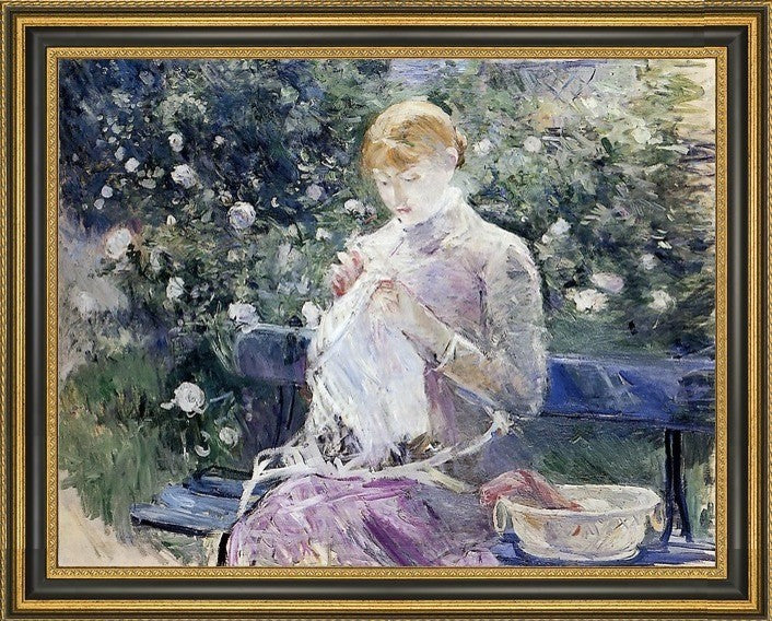 Berthe Morisot Pasie Sewing in the Garden Framed Premium Canvas Print, 18"x24"