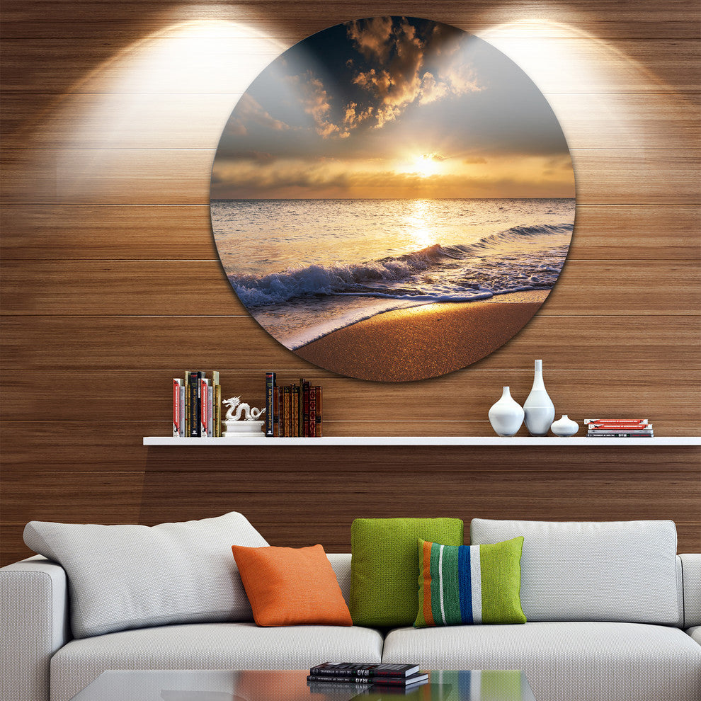 Sunset Over Foaming Waves, Modern Beach Disc Metal Wall Art, 11"
