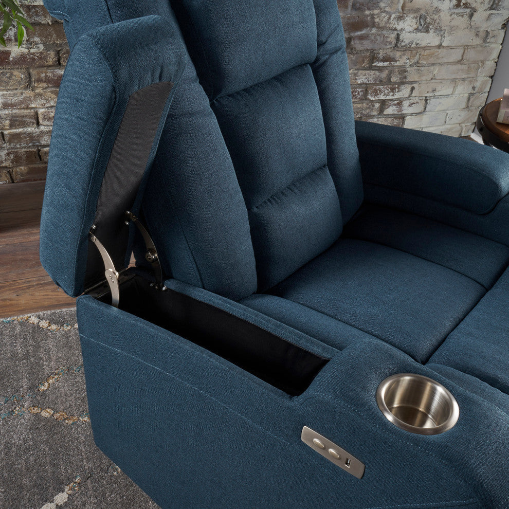 GDF Studio Everette Navy Blue Power Recliner With Arm Storage and USB Cord