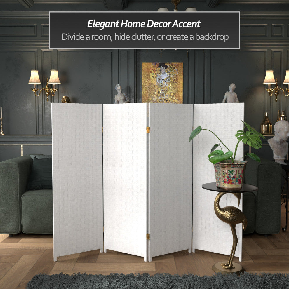 4' Tall Woven Fiber Room Divider, White, 4 Panel