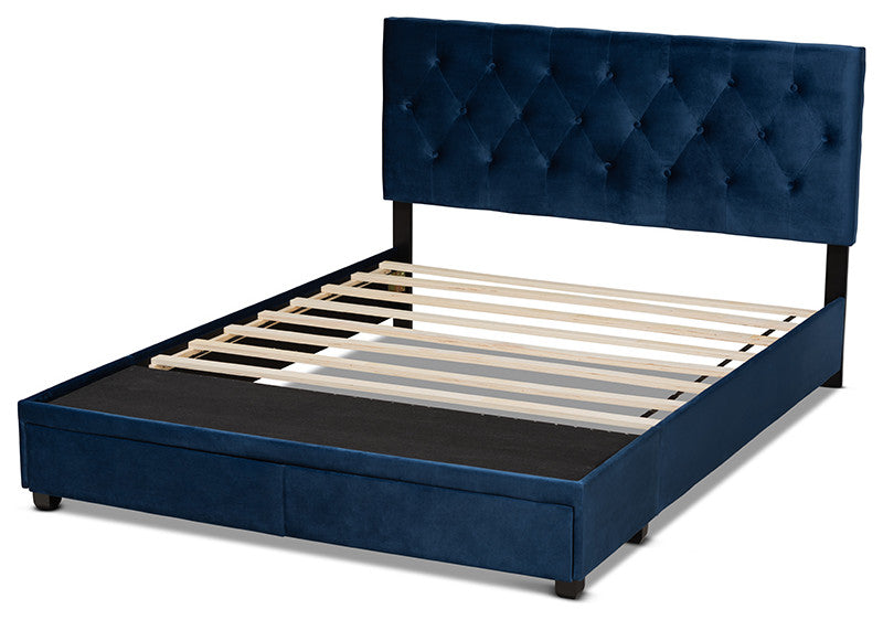 Caronia Modern Navy Blue Velvet Fabric 2-Drawer Queen Size Platform Storage Bed