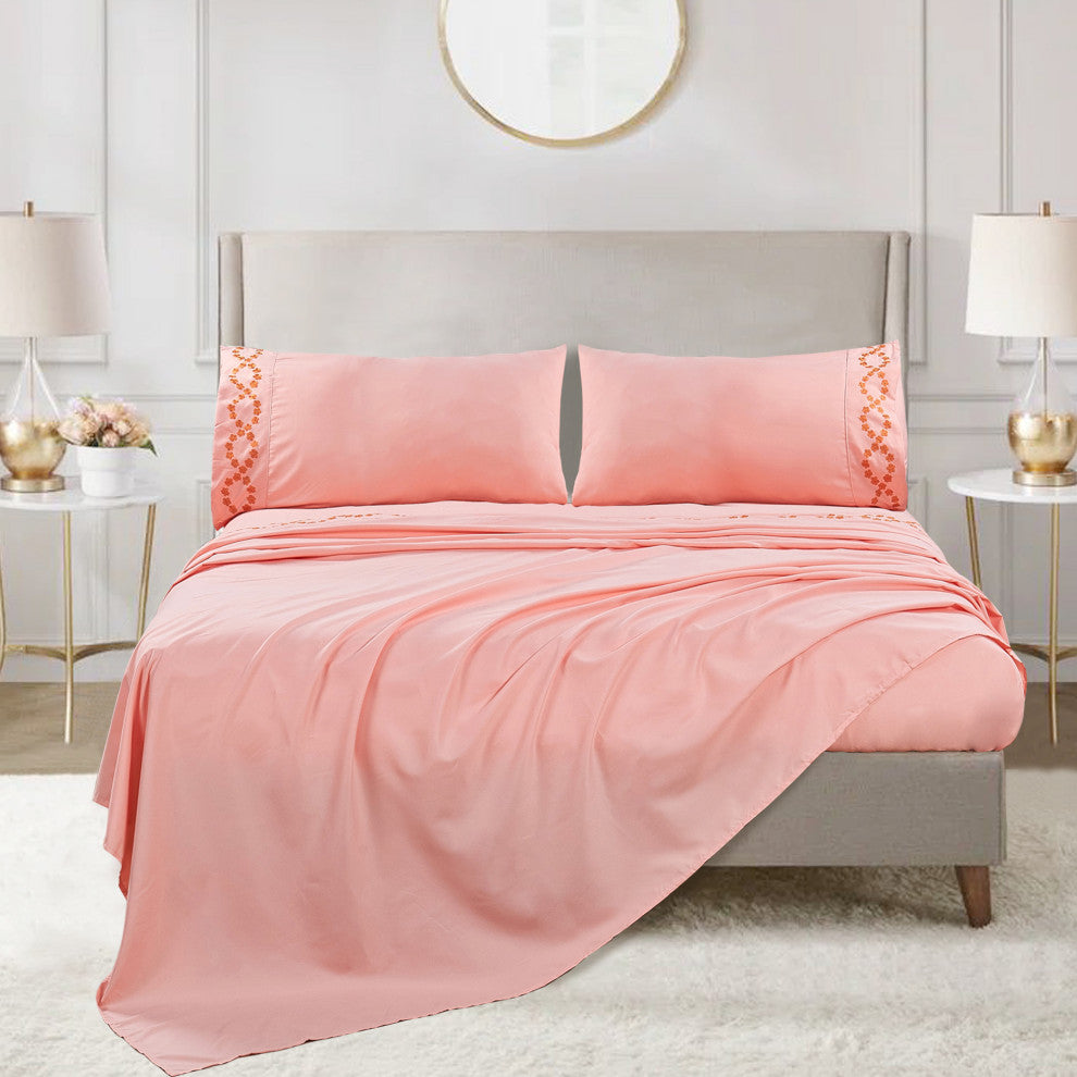 Serenta Puka Lei Embroidered 4 Piece Bed Sheet Set, Rose Quartz, King
