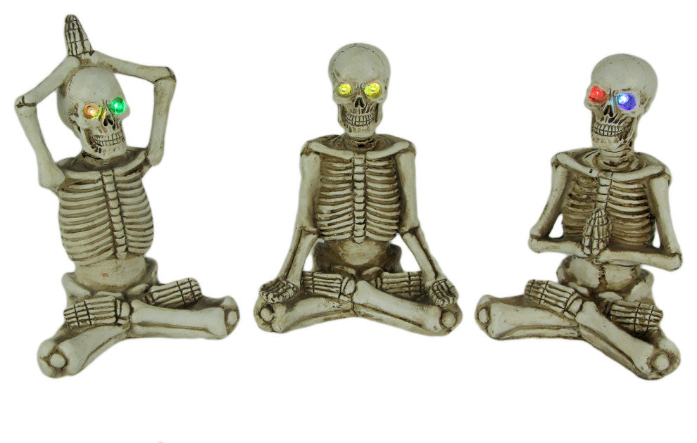 Bone Stretchers Yoga Skeleton Figurines with Color Changing LED Eyes Set of 3