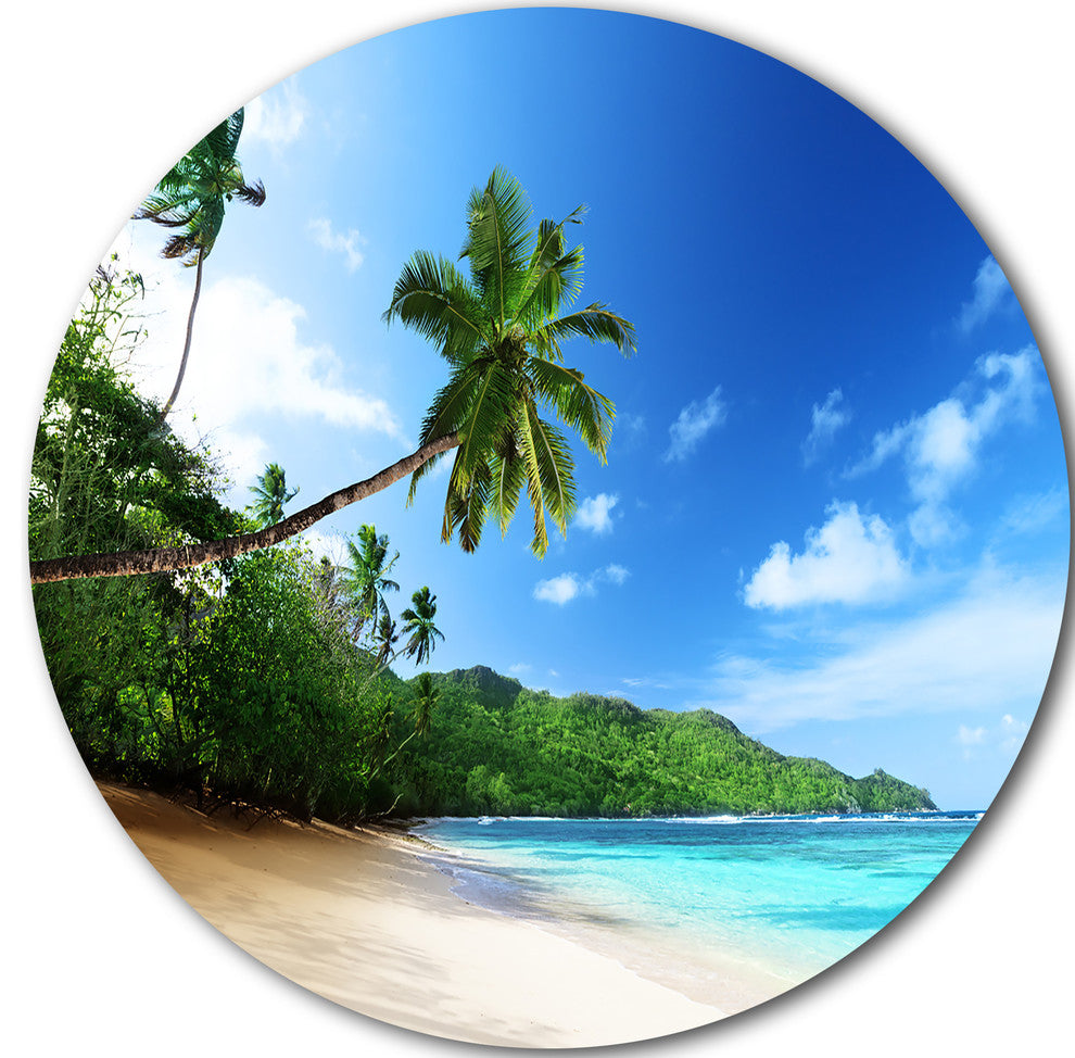 Sunset Beach With Palm, Landscape Photography Disc Metal Wall Art, 23"