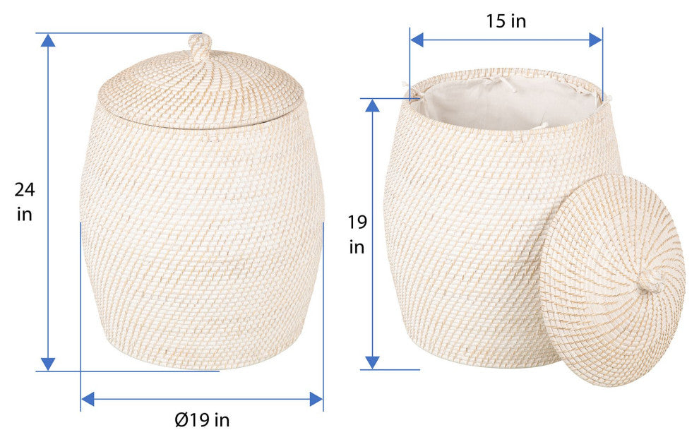Rattan Beehive Hamper With Liner, White Wash