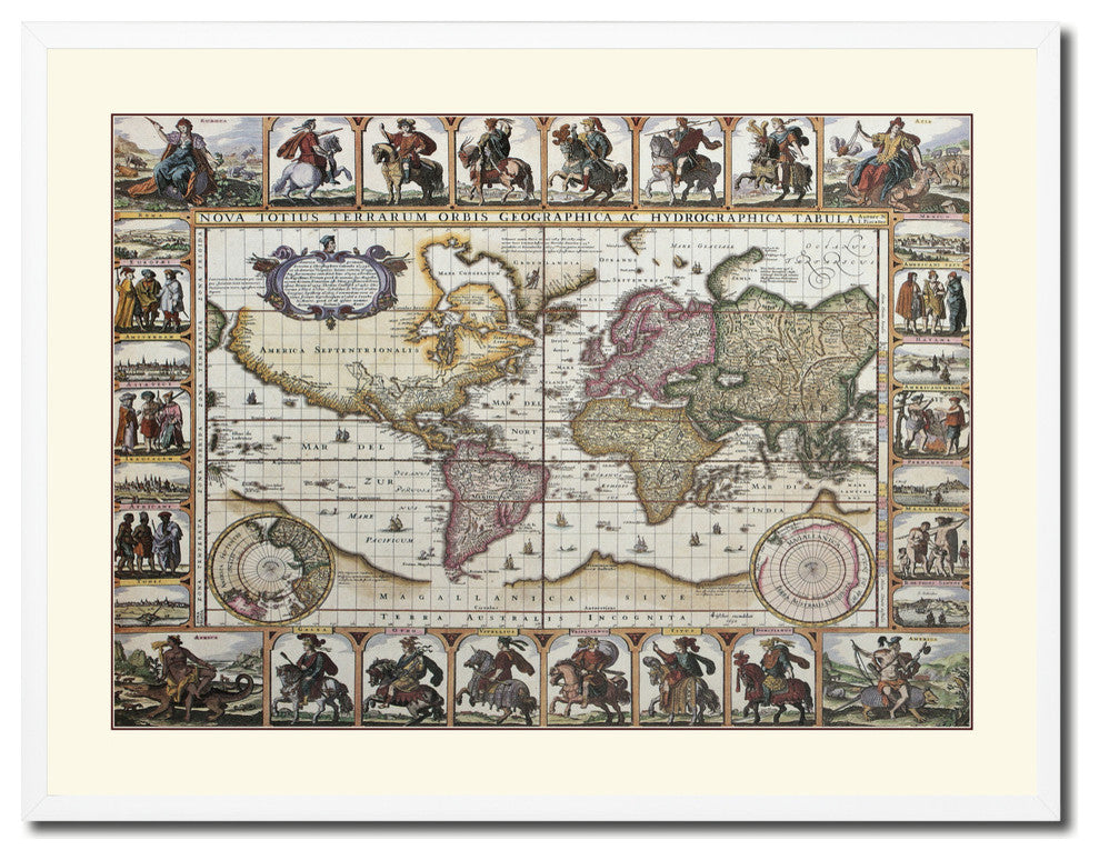 World Vintage Old Map Print On Canvas With Picture Frame 28" X 37"