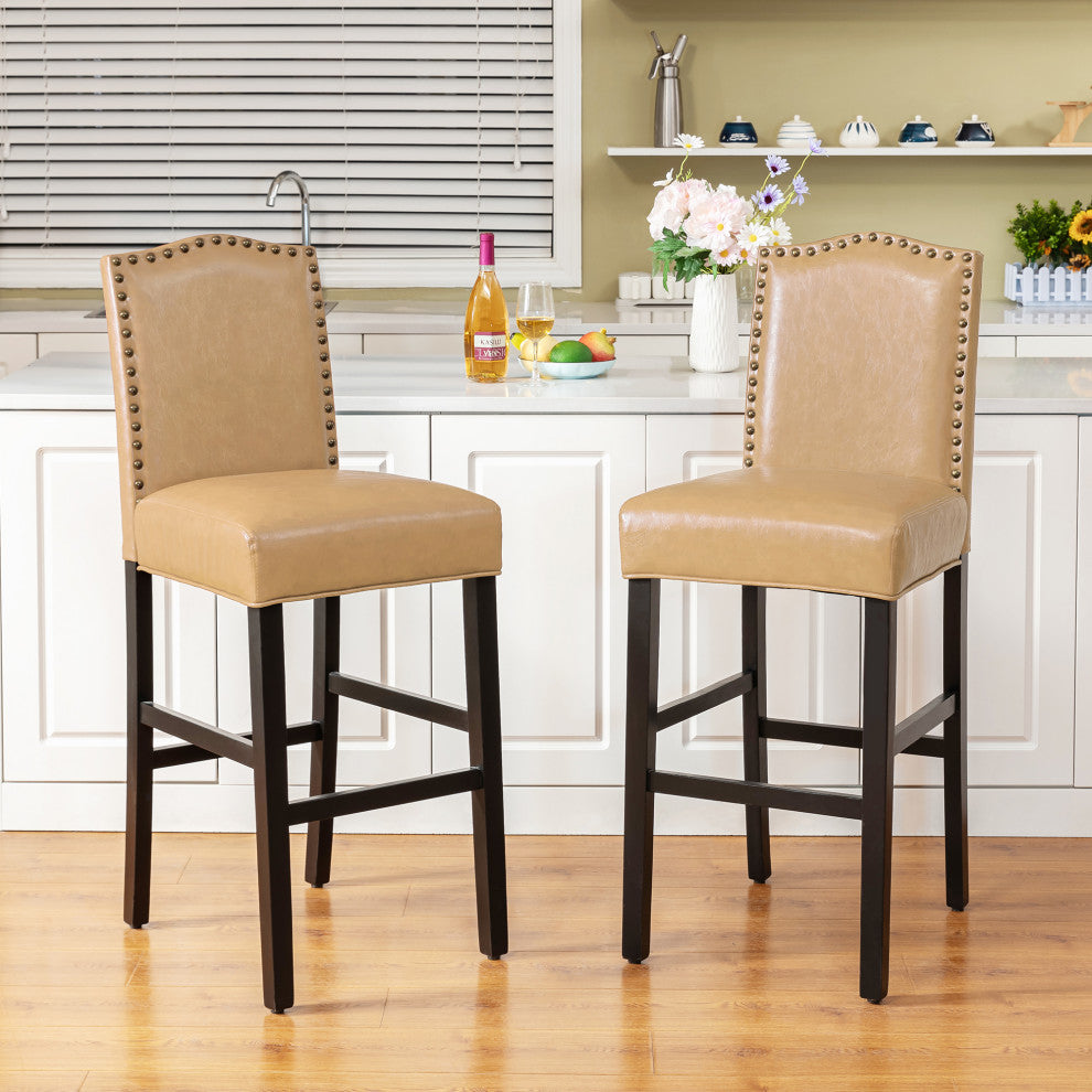 Upholstered PU Bar Chair With Studded Decor, Set of 2, Beige
