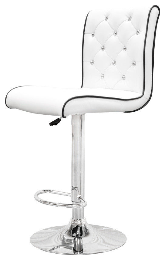 Modern Swivel Bar Stool With Crystals and "Tufted" Look, Set of 2, White