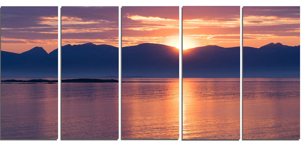 "Norwegian Seashore At Sunset" Modern Seascape Canvas Artwork, 5 Panels, 60"x28"