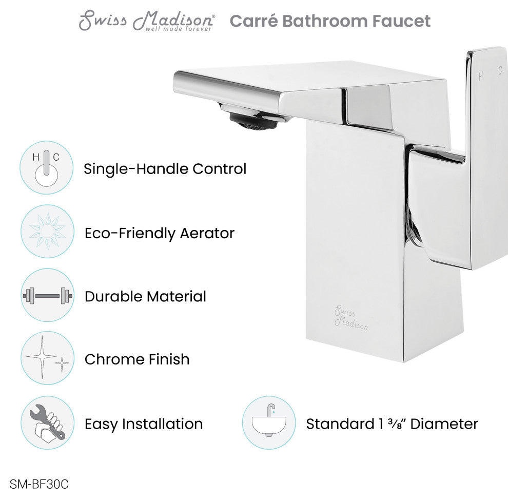 Carre Single Hole Single Handle Bathroom Faucet, Chrome