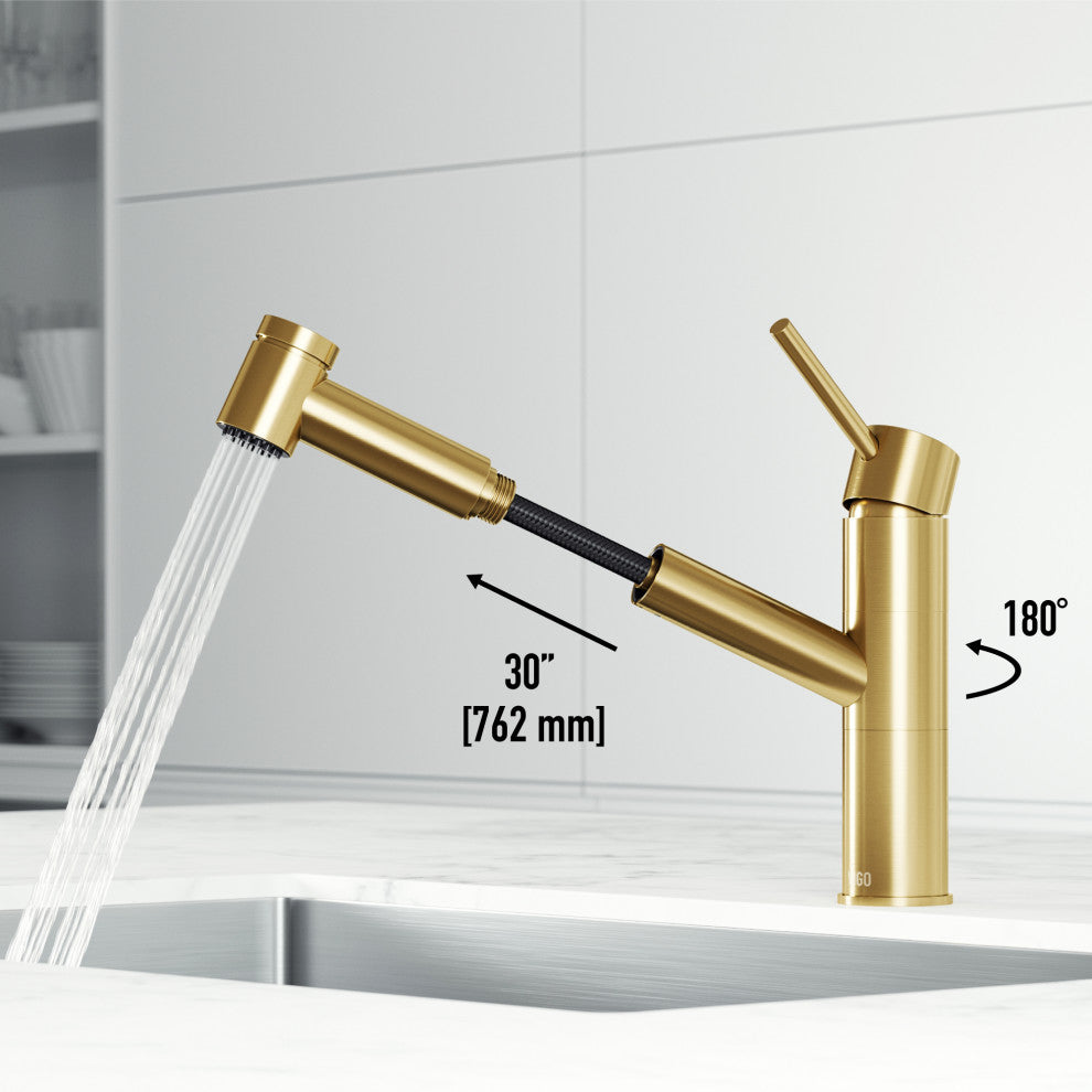 VIGO Branson 9" H Single Handle Pull-Out Sprayer Kitchen Faucet, Matte Brushed Gold, Without Extras