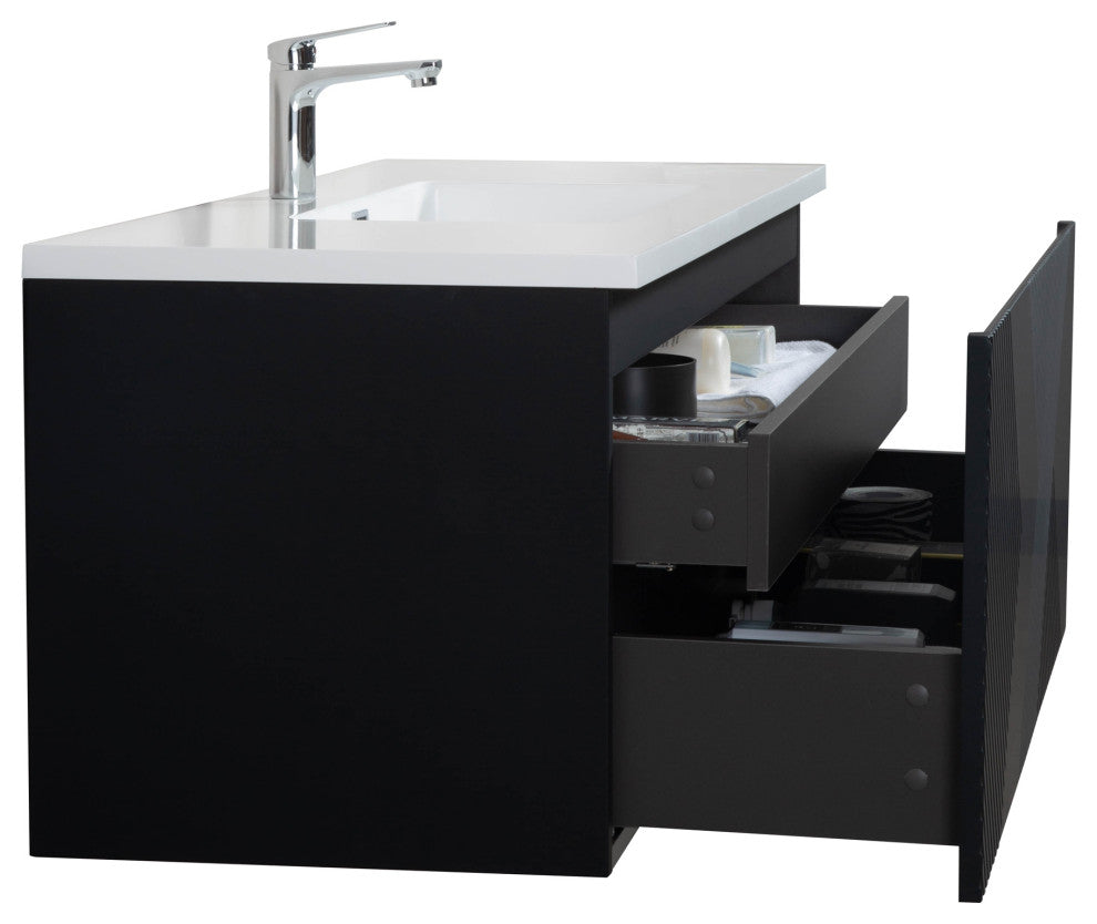 Matte Black Wall Mount Bath Vanity, Integrated Sink, White Sink, 48"