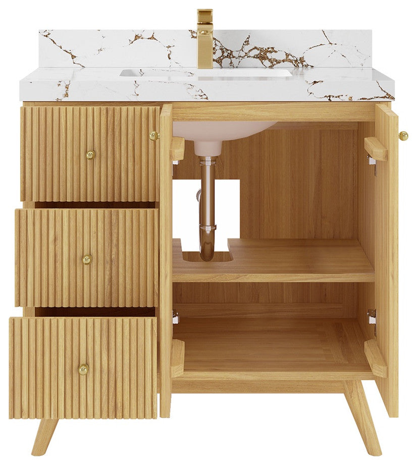 Pasadena 36 Center Sink Bath Vanity in Light Natural Teak 2" Viola Brown
