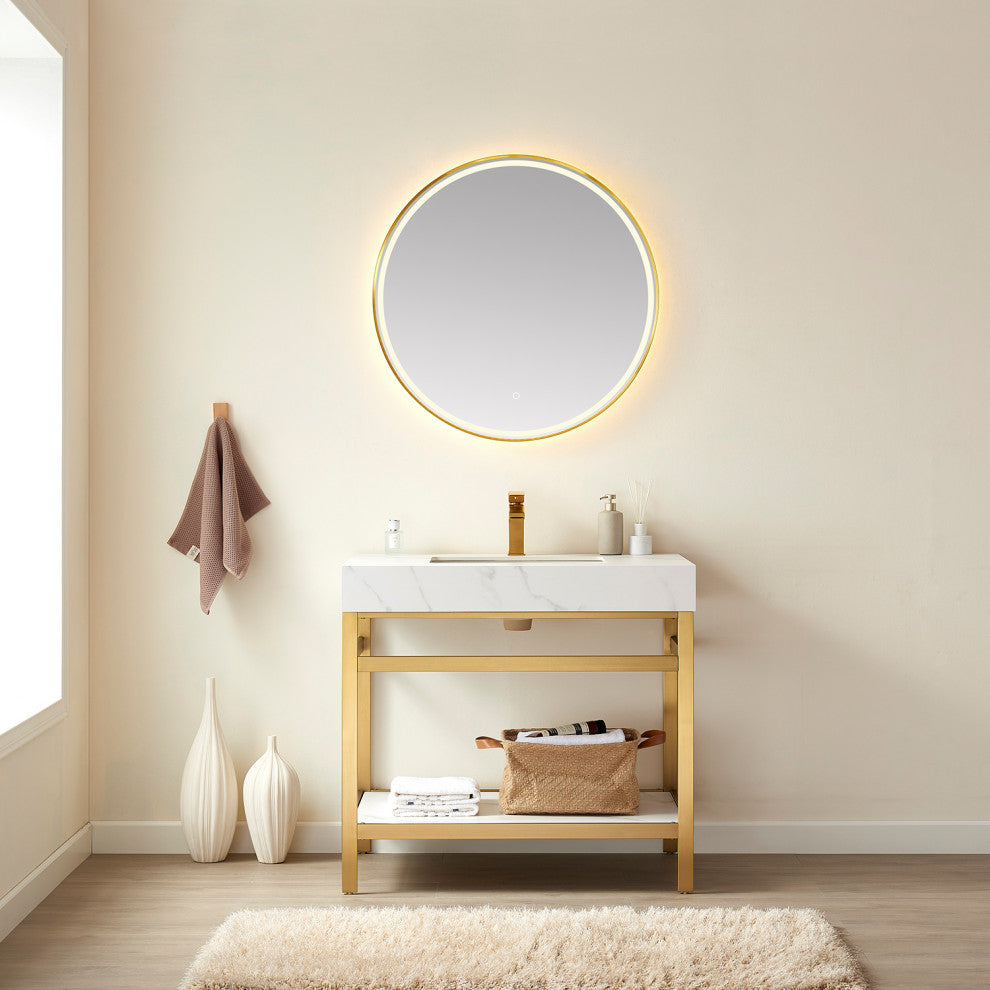 Funes Bath Vanity with Mirror, Brushed Gold Support, 36'', White Stone Top