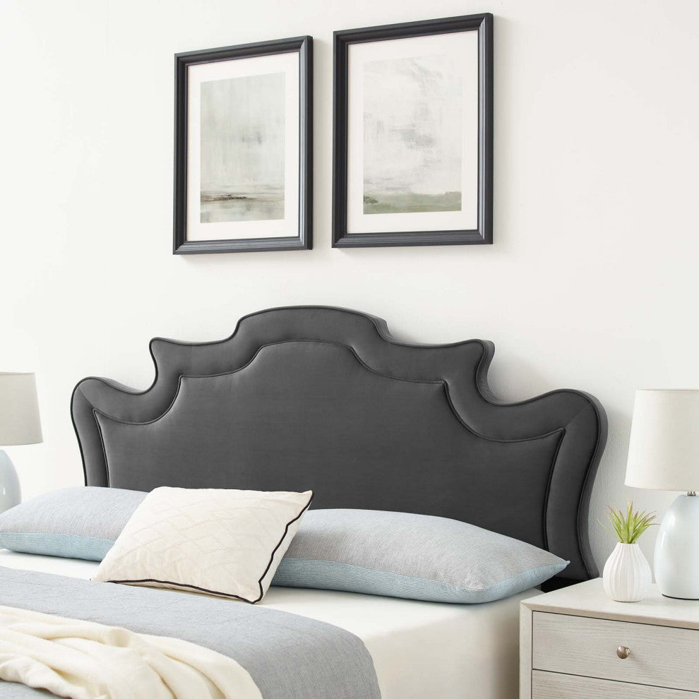 Headboard, King California, Charcoal Gray, Velvet, French, Mid Century