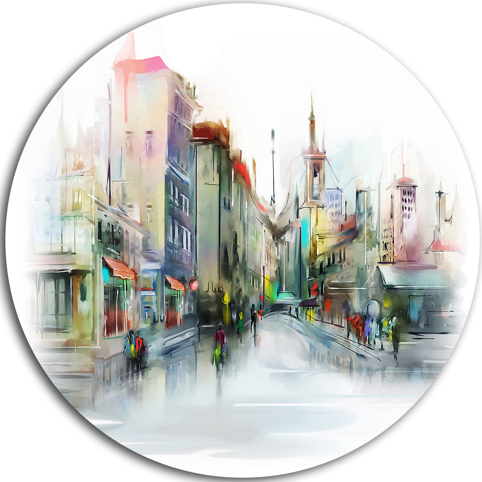 Illustration Of City Street, Cityscape Disc Metal Wall Art, 36"