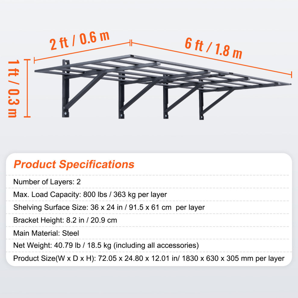 VEVOR 2PCS 6x2 ft ' Garage Storage Shelving Wall Mounted Heavy Duty Shelves Rack