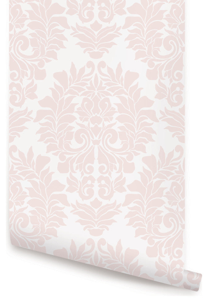 Classic Damask Peel and Stick Vinyl Wallpaper, Blush Pink, 24"w X 108"h
