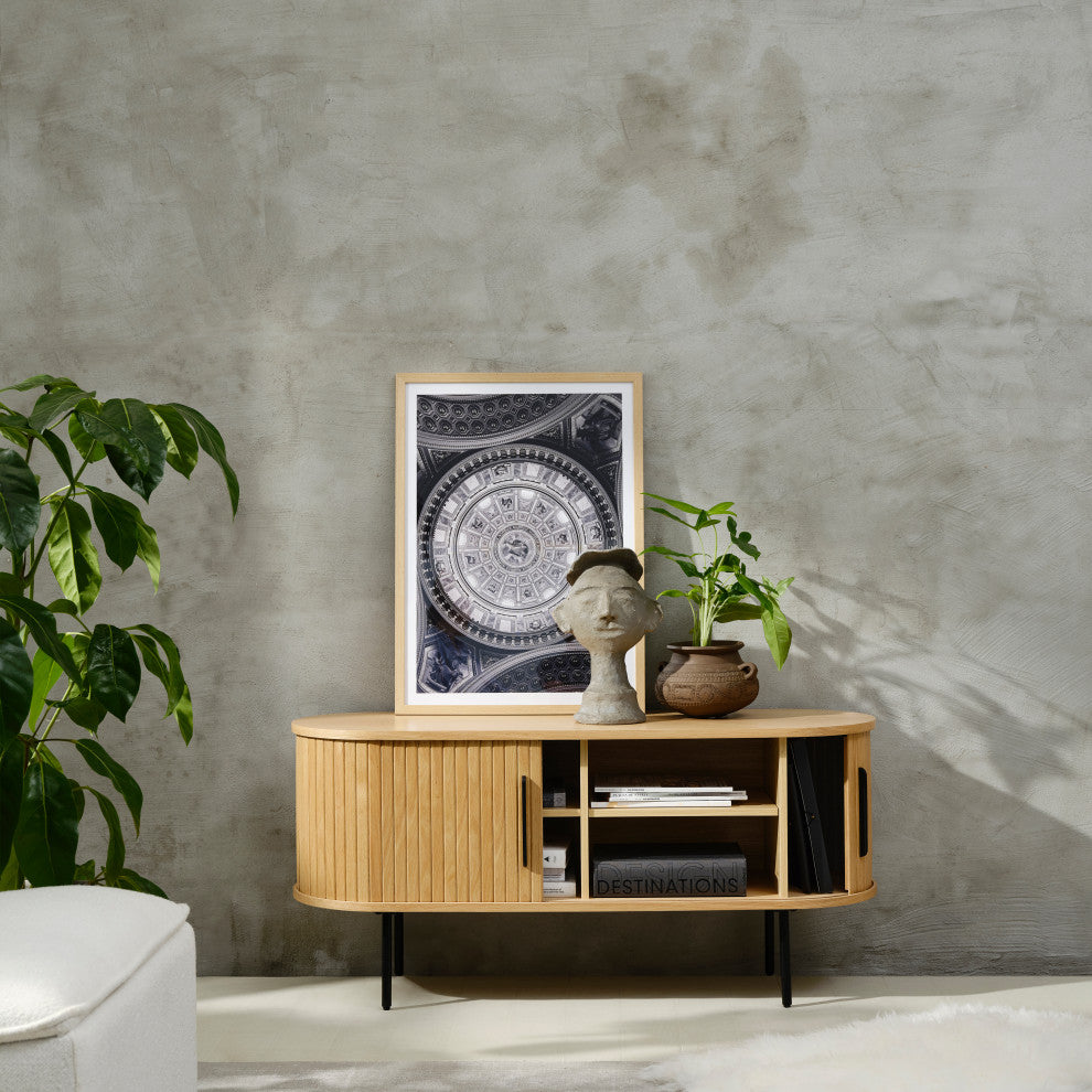 Mid-Century Modern Rounded Sliding Door TV Lowboard, Natural Oak, 47"
