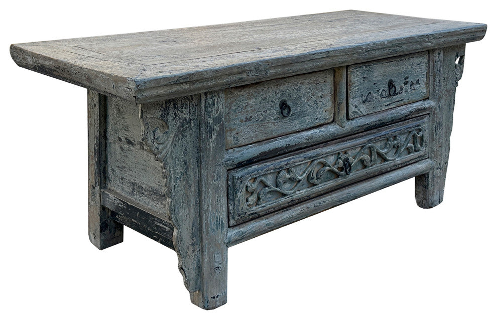 Chinese Vintage Rustic Washed White Blue Low Kang Table Display Stand Hws4343