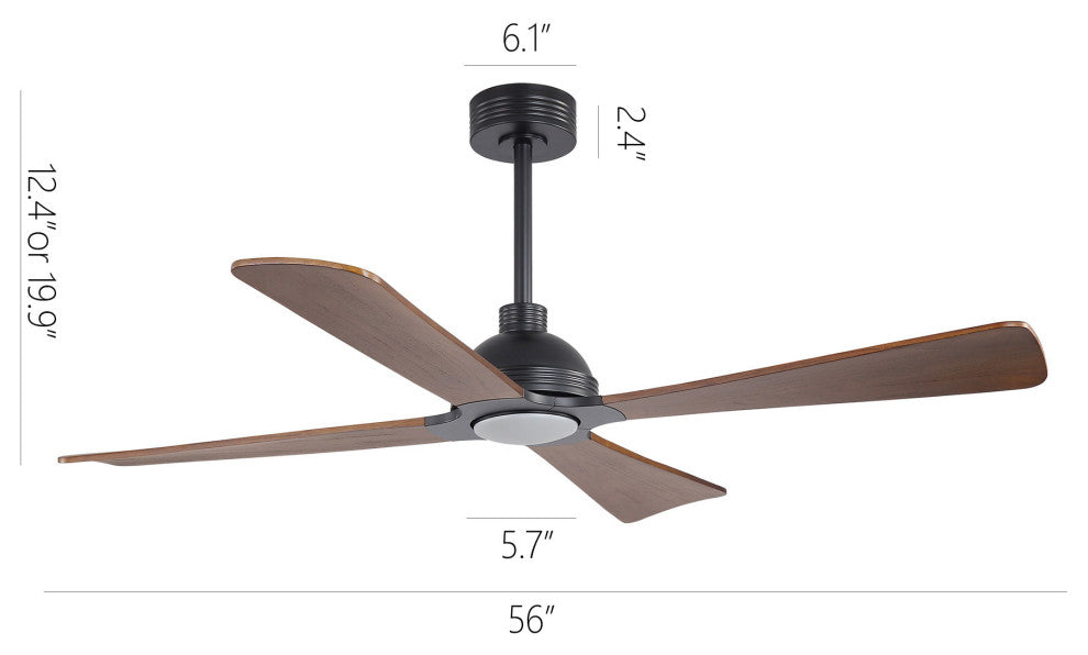56" 4-Blade Solid Wood Ceiling Fan with LED Light and Remote Control, Black/Walnut